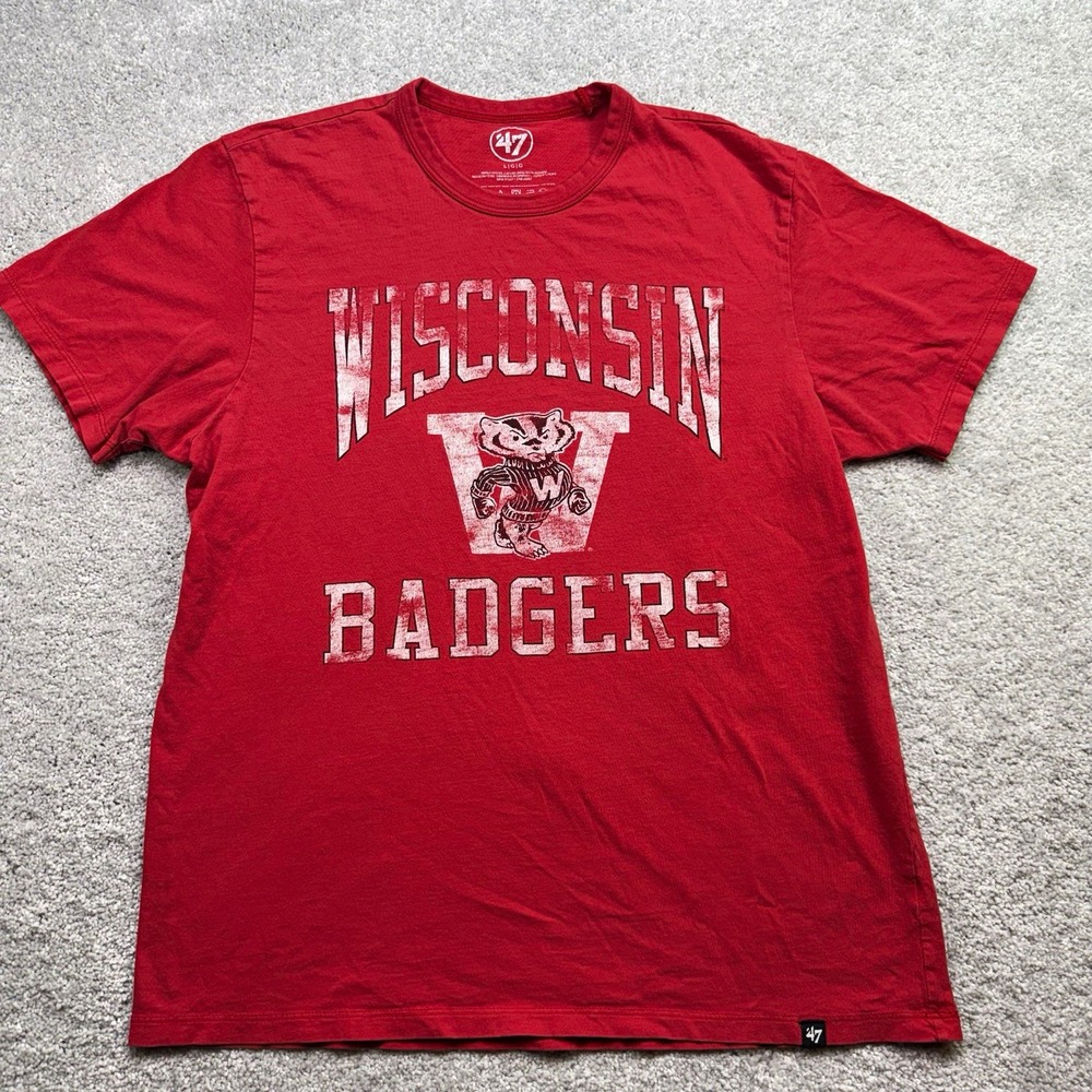 '47 Brand Wisconsin Badgers Red Distressed Graphic T-Shirt Men Size Large L
